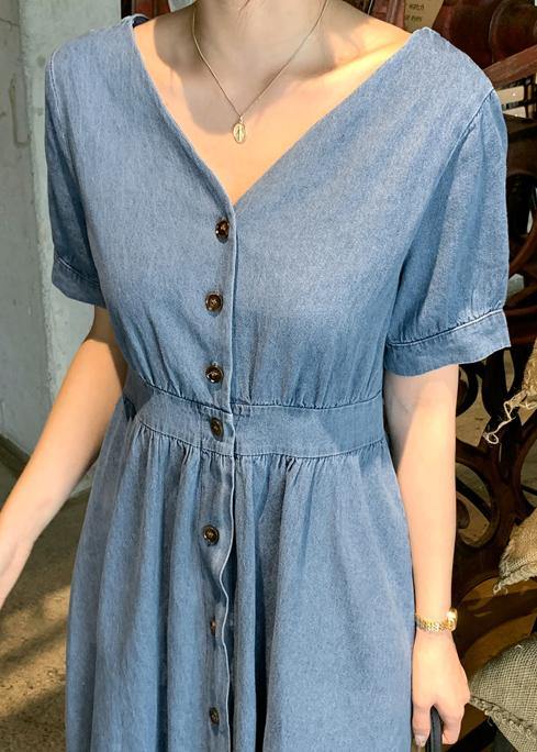 Natural v neck Cinched clothes Sewing blue Robe Dress - bagstylebliss