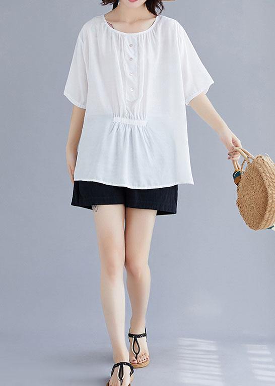Natural white cotton Blouse o neck half sleeve loose summer top - bagstylebliss