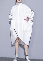Natural white cotton clothes For Women lapel pockets patchwork cotton Dress - bagstylebliss