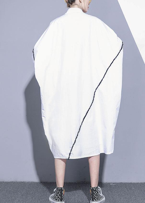 Natural white cotton clothes For Women lapel pockets patchwork cotton Dress - bagstylebliss