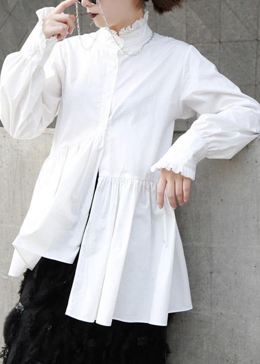 Natural white cotton clothes For Women ruffles stand collar loose summer blouse - bagstylebliss