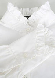 Natural white cotton clothes For Women ruffles stand collar loose summer blouse - bagstylebliss