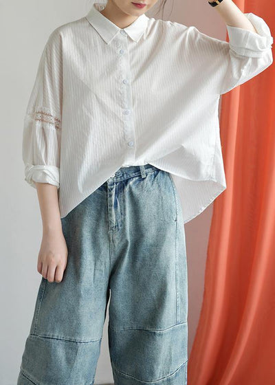Natural white cotton tunic lapel patchwork Jacquard Plus Size Clothing fall blouse - bagstylebliss