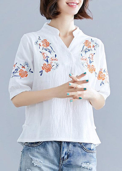 Natural white embroidery linen clothes Work Outfits v neck summer blouses - bagstylebliss