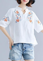 Natural white embroidery linen clothes Work Outfits v neck summer blouses - bagstylebliss