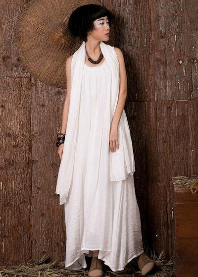 Natural white linen outfit sleeveless Dresses summer Dresses - bagstylebliss