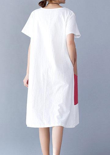 Natural white patchwork color cotton linen Wardrobes short sleeve loose summer Dresses - bagstylebliss