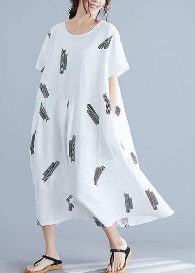 Natural Cinched cotton Long Shirts Wardrobes white prints Dress summer - bagstylebliss