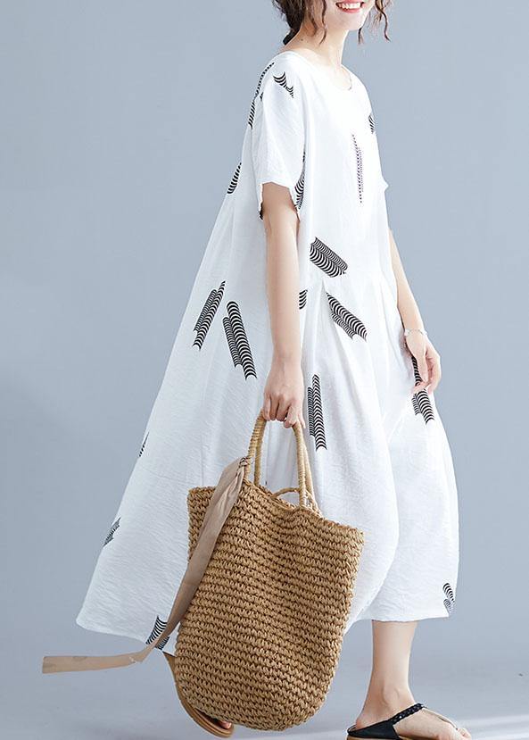 Natural Cinched cotton Long Shirts Wardrobes white prints Dress summer - bagstylebliss