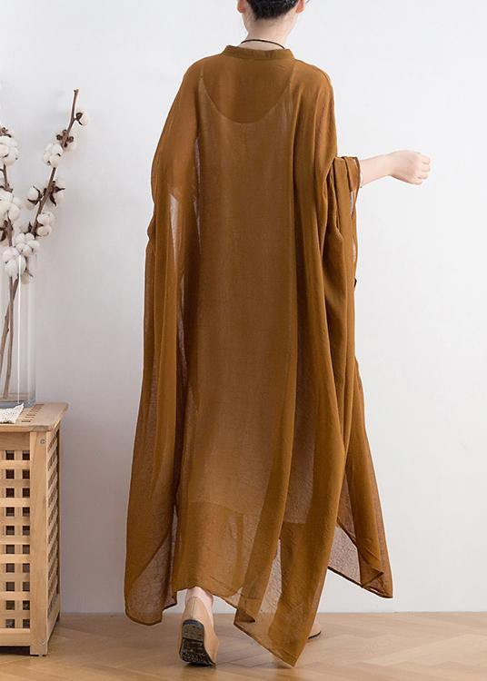 Natural yellow chiffon Robes plus size Shape stand collar Batwing Sleeve Dress - bagstylebliss