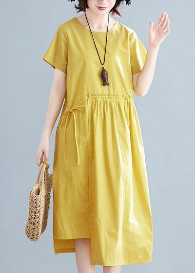 Natural yellow linen cotton Robes o neck drawstring Maxi summer Dresses - bagstylebliss