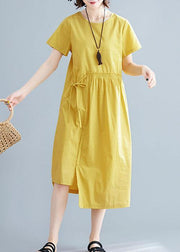 2021 Natural yellow linen cotton Robes o neck drawstring Maxi summer Dresses - bagstylebliss