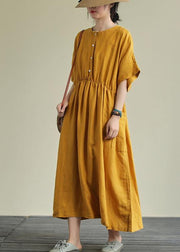 Natural yellow linen outfit o neck elastic waist linen robes summer Dresses - bagstylebliss