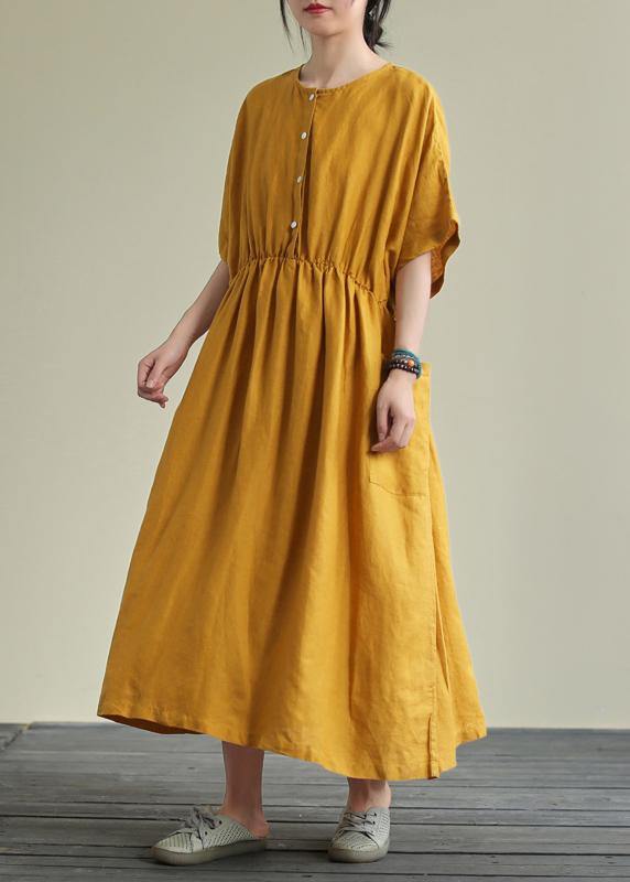 Natural yellow linen outfit o neck elastic waist linen robes summer Dresses - bagstylebliss