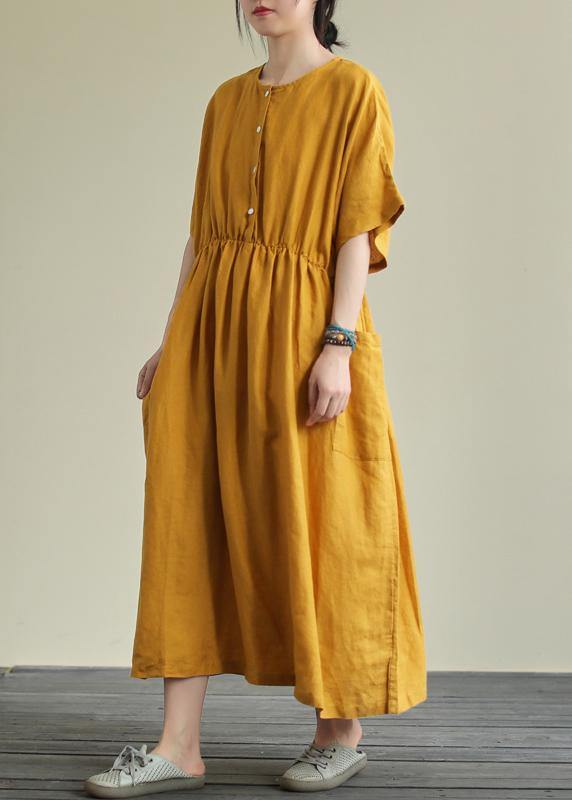 Natural yellow linen outfit o neck elastic waist linen robes summer Dresses - bagstylebliss