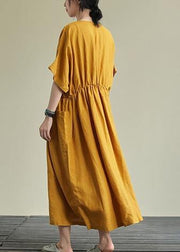 Natural yellow linen outfit o neck elastic waist linen robes summer Dresses - bagstylebliss