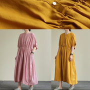 Natural yellow linen outfit o neck elastic waist linen robes summer Dresses - bagstylebliss