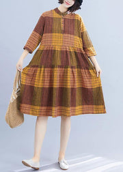 Natural yellow plaid linen clothes For Women stand collar Maxi summer Dresses - bagstylebliss