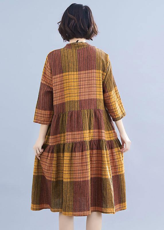 Natural yellow plaid linen clothes For Women stand collar Maxi summer Dresses - bagstylebliss