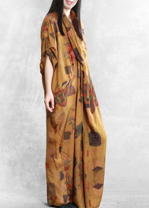 Natural yellow print cotton dress silhouette v neck asymmetric summer dress - bagstylebliss