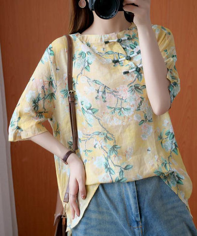 Natural yellow print tunic top o neck half sleeve Midi summer shirts - bagstylebliss