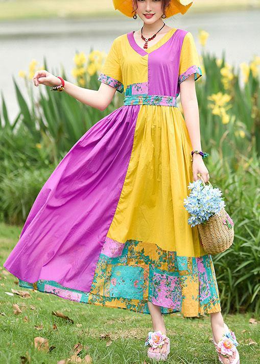 Natural yellow purple print cotton Tunics v neck patchwork Maxi summer Dress - bagstylebliss