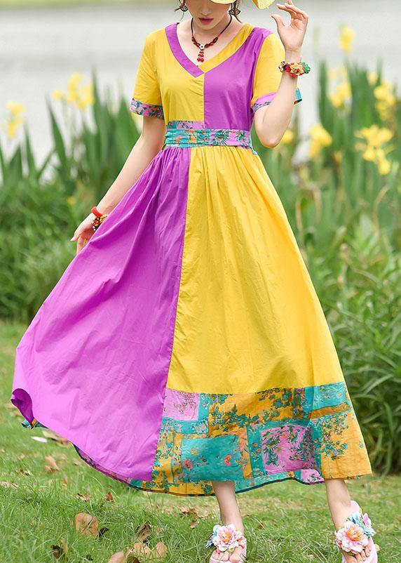 Natural yellow purple print cotton Tunics v neck patchwork Maxi summer Dress - bagstylebliss