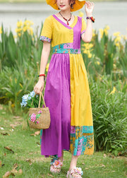 Natural yellow purple print cotton Tunics v neck patchwork Maxi summer Dress - bagstylebliss