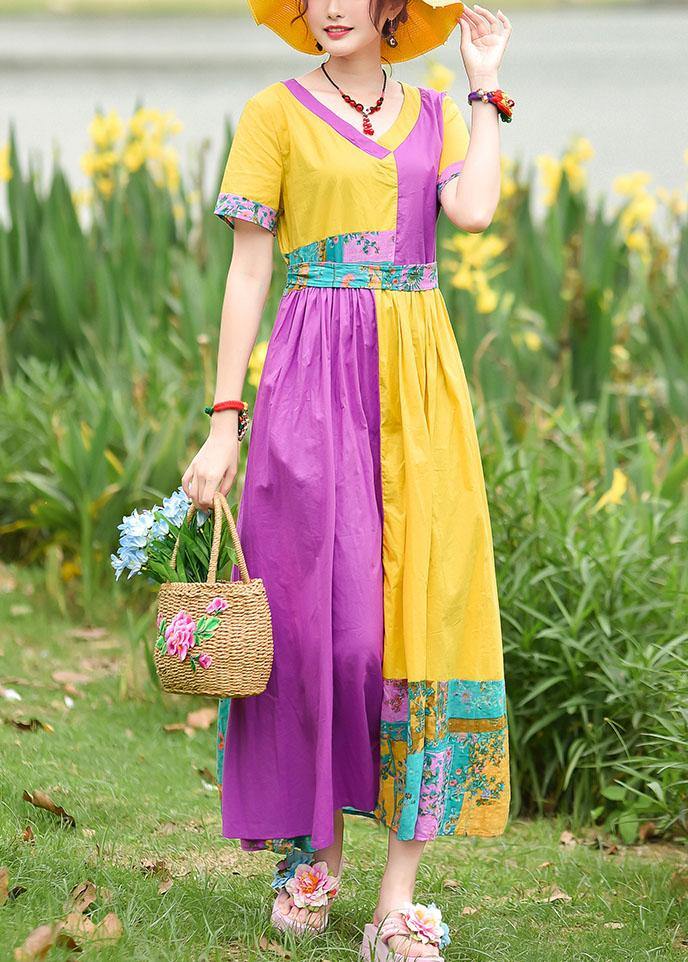 Natural yellow purple print cotton Tunics v neck patchwork Maxi summer Dress - bagstylebliss