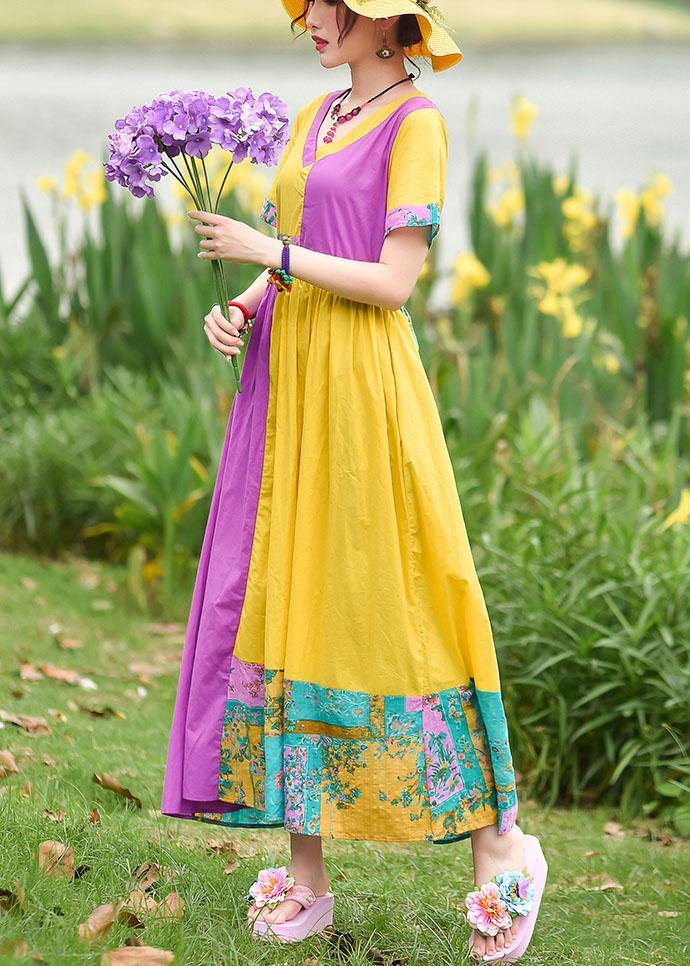 Natural yellow purple print cotton Tunics v neck patchwork Maxi summer Dress - bagstylebliss