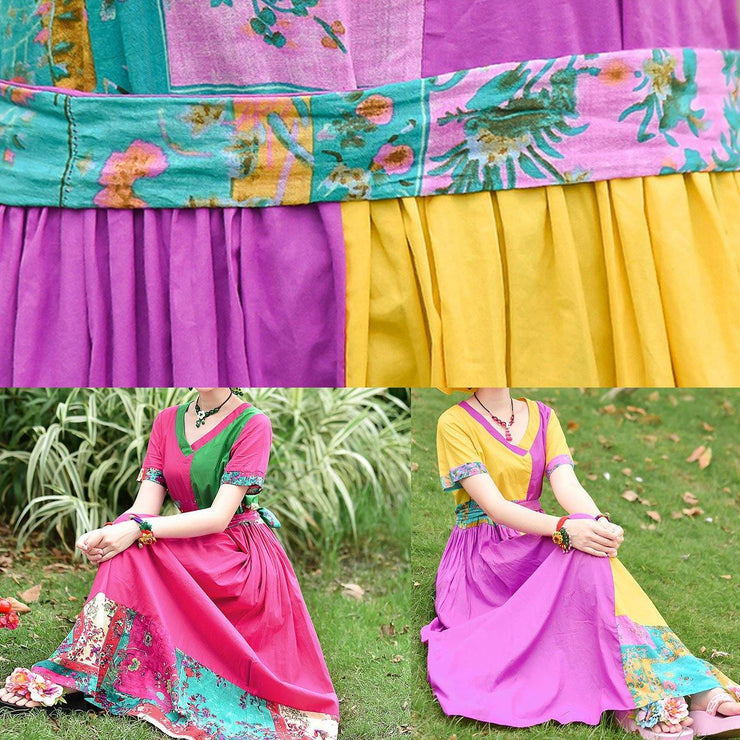 Natural yellow purple print cotton Tunics v neck patchwork Maxi summer Dress - bagstylebliss