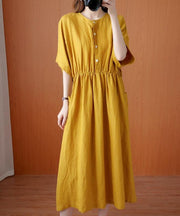 Natural yellow tunics for women o neck Cinched Dresses summer Dress - bagstylebliss