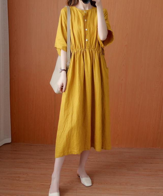 Natural yellow tunics for women o neck Cinched Dresses summer Dress - bagstylebliss