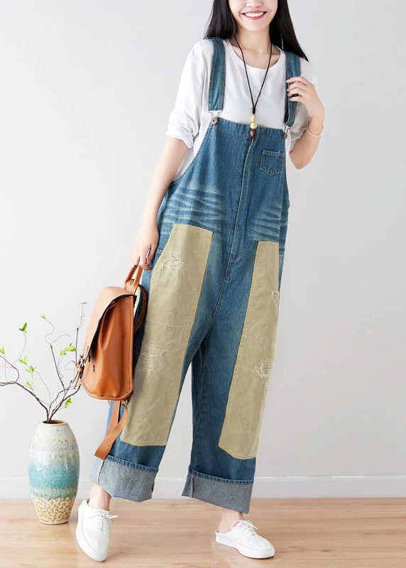 Natural Blue pockets Patchwork denim Jumpsuits Spring