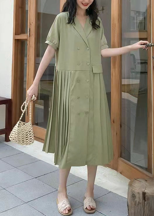 Natural Green Tunic V Neck Cinched Long Summer Dress