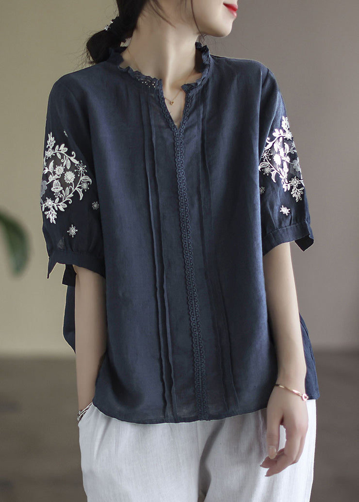 Navy Baggy Linen Blouses Wrinkled Embroideried Short Sleeve