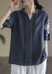 Navy Baggy Linen Blouses Wrinkled Embroideried Short Sleeve