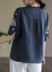 Navy Baggy Linen Blouses Wrinkled Embroideried Short Sleeve