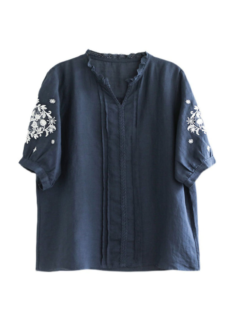 Navy Baggy Linen Blouses Wrinkled Embroideried Short Sleeve