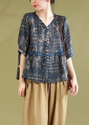 Navy Button Patchwork Linen Shirt Tops V Neck Half Sleeve