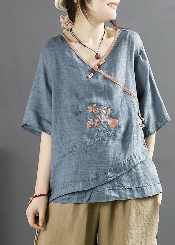 Navy Embroideried Patchwork Linen Top Half Sleeve