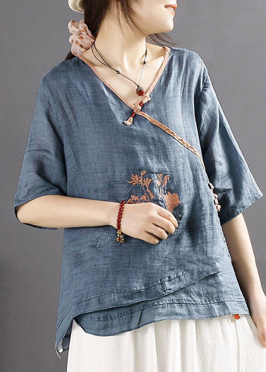 Navy Embroidered Patchwork Linen Top Half Sleeve