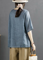 Navy Embroidered Patchwork Linen Top Half Sleeve