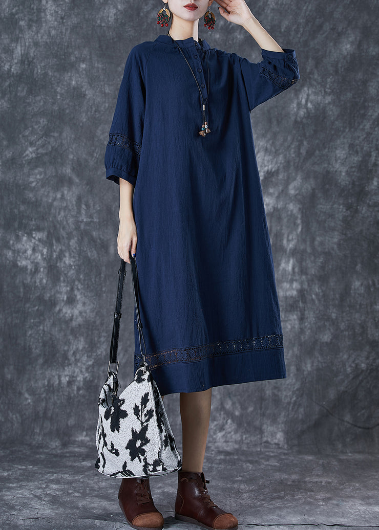 Navy Hollow Out Cotton Maxi Dress Oversized Bracelet Sleeve