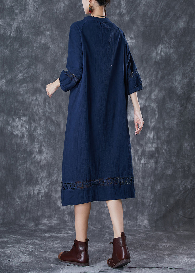 Navy Hollow Out Cotton Maxi Dress Oversized Bracelet Sleeve