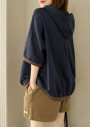 Navy Loose Hooded Print Fall Sweatshirt Street Wear - bagstylebliss