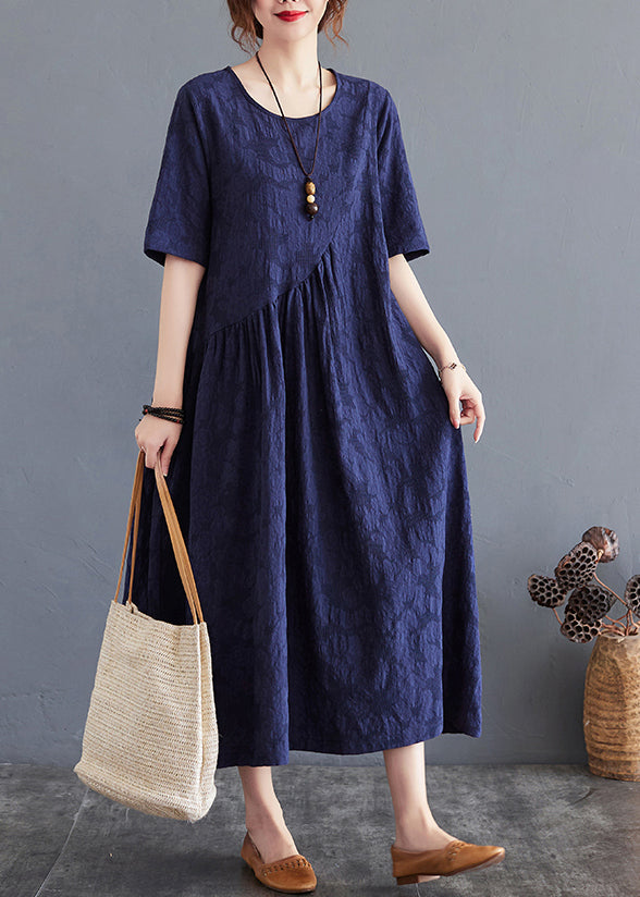 Navy Patchwork Cotton Dresses O-Neck Wrinkled Summer