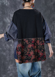 Navy Patchwork Denim Shirt Asymmetrical Oversized Spring