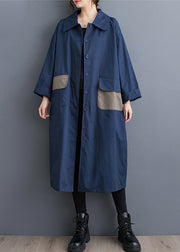 Navy Pockets Button Cotton Trench Peter Pan Collar Fall