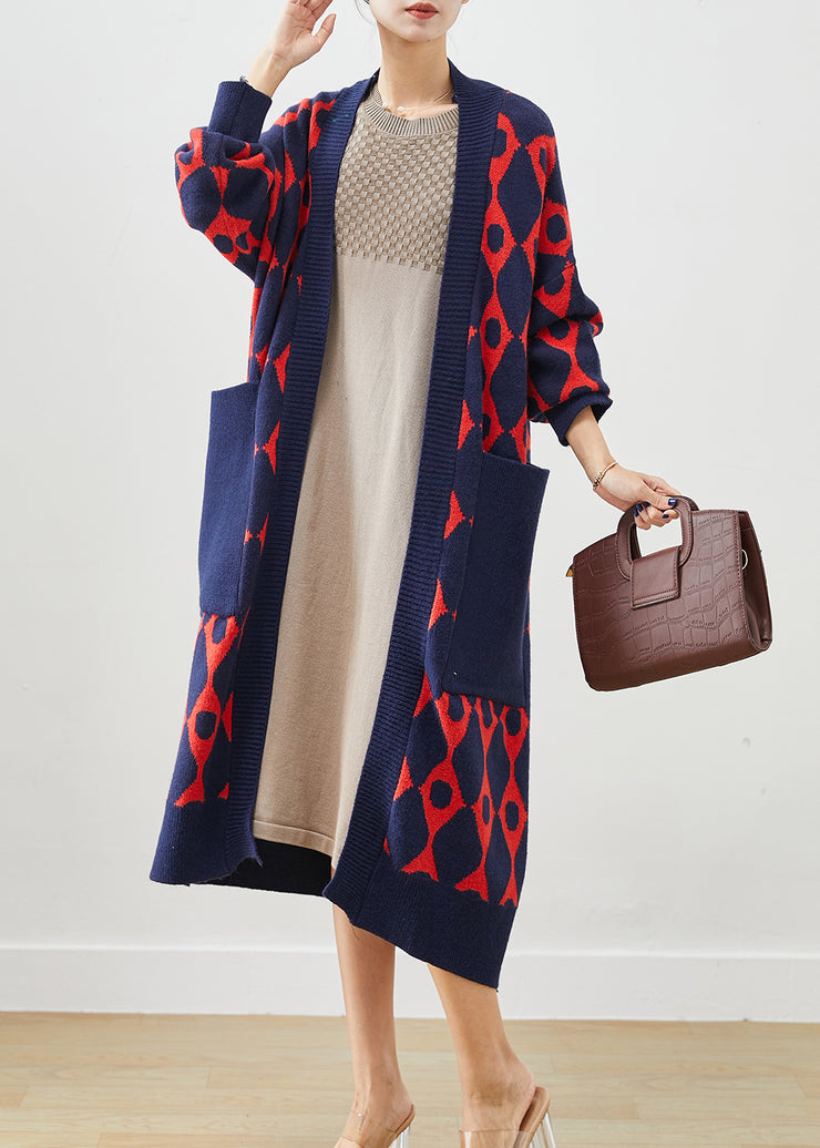 Navy Print Knit Cardigan Oversized Pockets Fall